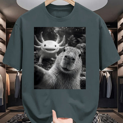 Cute Capybara Shirt, Funny Capybara Unisex T-Shirt/Hoodie/Sweatshirt HLT00 - Capybara Axolotl Selfie T-Shirt