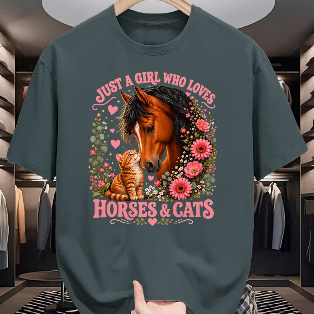 Cat Love Shirt, Funny Cat Lover Gift UnisexT-Shirt/Hoodie/Sweatshirt HLT00 - Just a Girl Who Loves Horses and Cats Floral Animal Lover T-Shirt