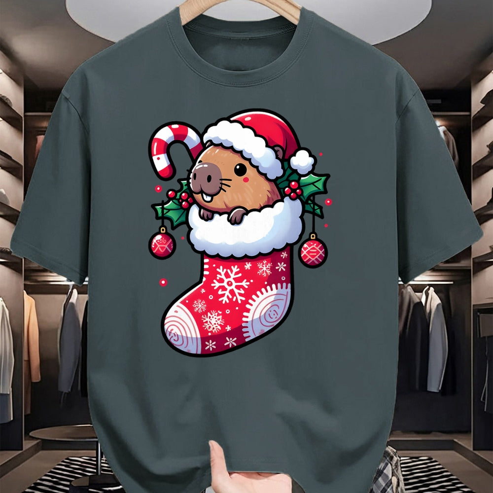 Cute Capybara Shirt, Funny Capybara Unisex T-Shirt/Hoodie/Sweatshirt HLT00 - Cute Capybara Wearing Santa Hat in Christmas Stocking Pajama T-Shirt