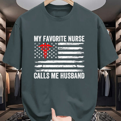 Funny Nurse Shirt, Nurse Unisex T-Shirt/Hoodie/Sweatshirt HLT00 - My Favorite Nurse Calls Me Husband American Flag Nurse Wife T-Shirt