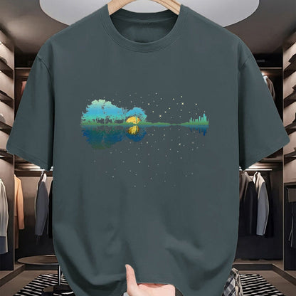 Guitar Lover Shirt, Funny Guitar UnisexT-Shirt/Hoodie/Sweatshirt HLT00 - Guitar Lake Reflections Night Sky and Moon Guitar T-Shirt, Men, Black, 3X-Large