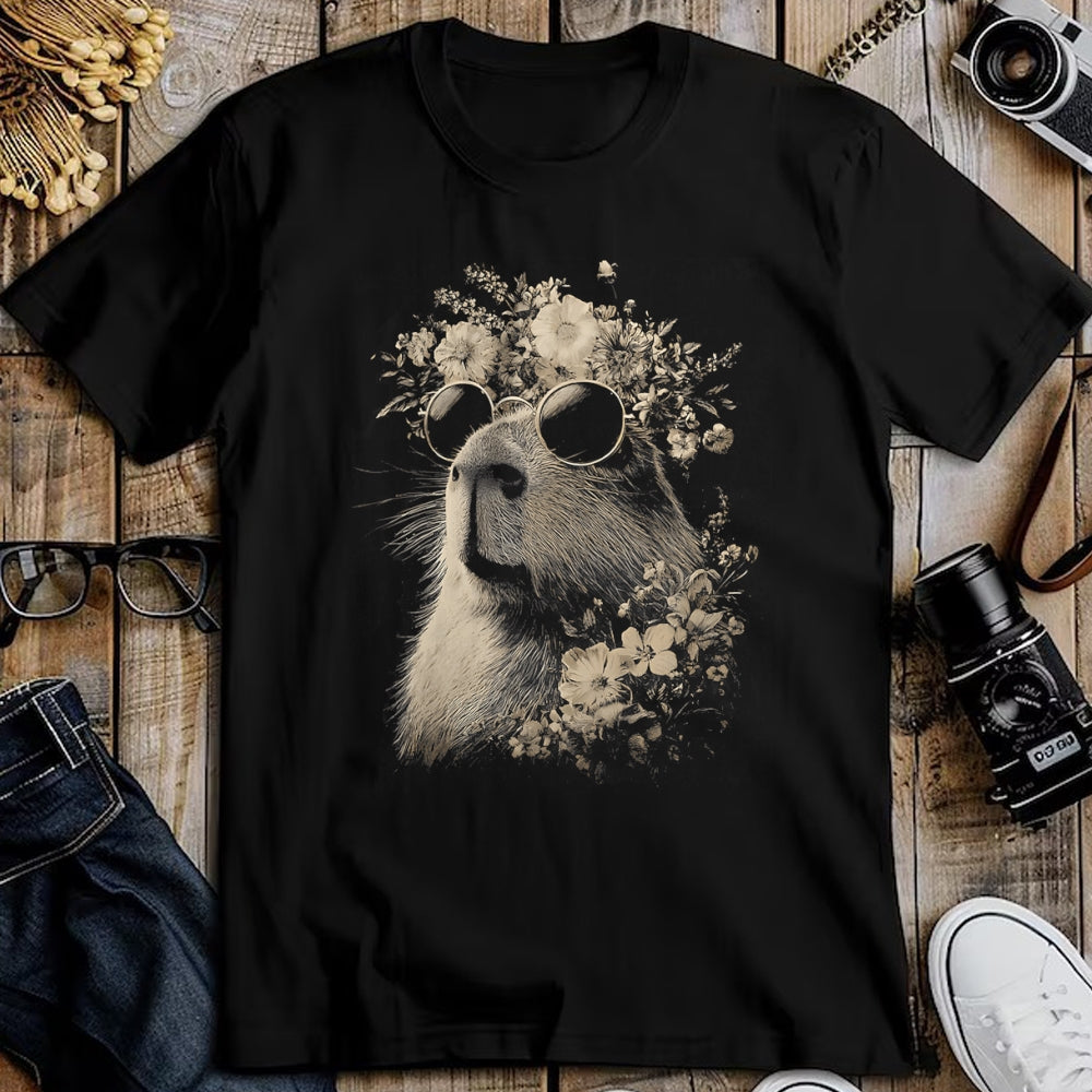 Cute Capybara Shirt, Funny Capybara Unisex T-Shirt/Hoodie/Sweatshirt HLT00 - Vintage Capybara with Sunglasses Floral Crown Boho Animal T-Shirt