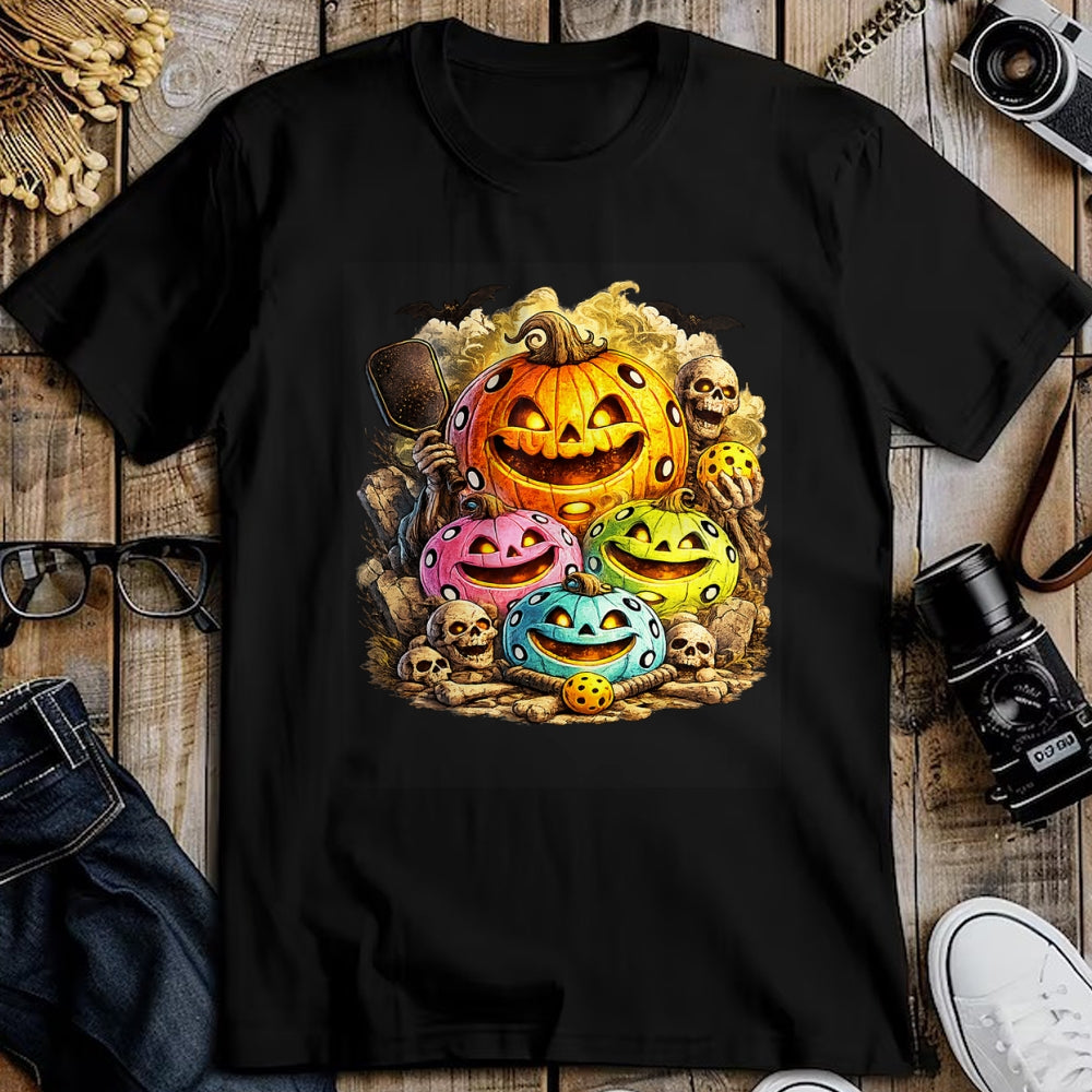 Funny Pickleball Shirt, Pickleball Lover Unisex T-Shirt/Hoodie/Sweatshirt HLT00 - Halloween Pickleball Pumpkins and Skeletons T-Shirt