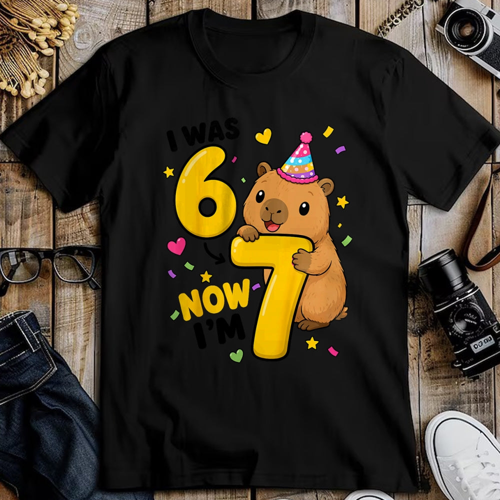 Cute Capybara Shirt, Funny Capybara Unisex T-Shirt/Hoodie/Sweatshirt HLT00 - I was 6 Now Im 7 Capybara 7th Birthday Party Cute 67 T-Shirt