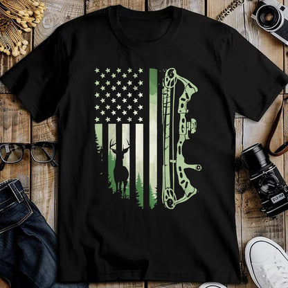 Funny Hunting Shirt, Gift For Hunting Lover Unisex T-Shirt/Hoodie/Sweatshirt HLT00 - Patriotic Bowhunting USA Flag Bow Archery Deer Hunting Wild T-Shirt