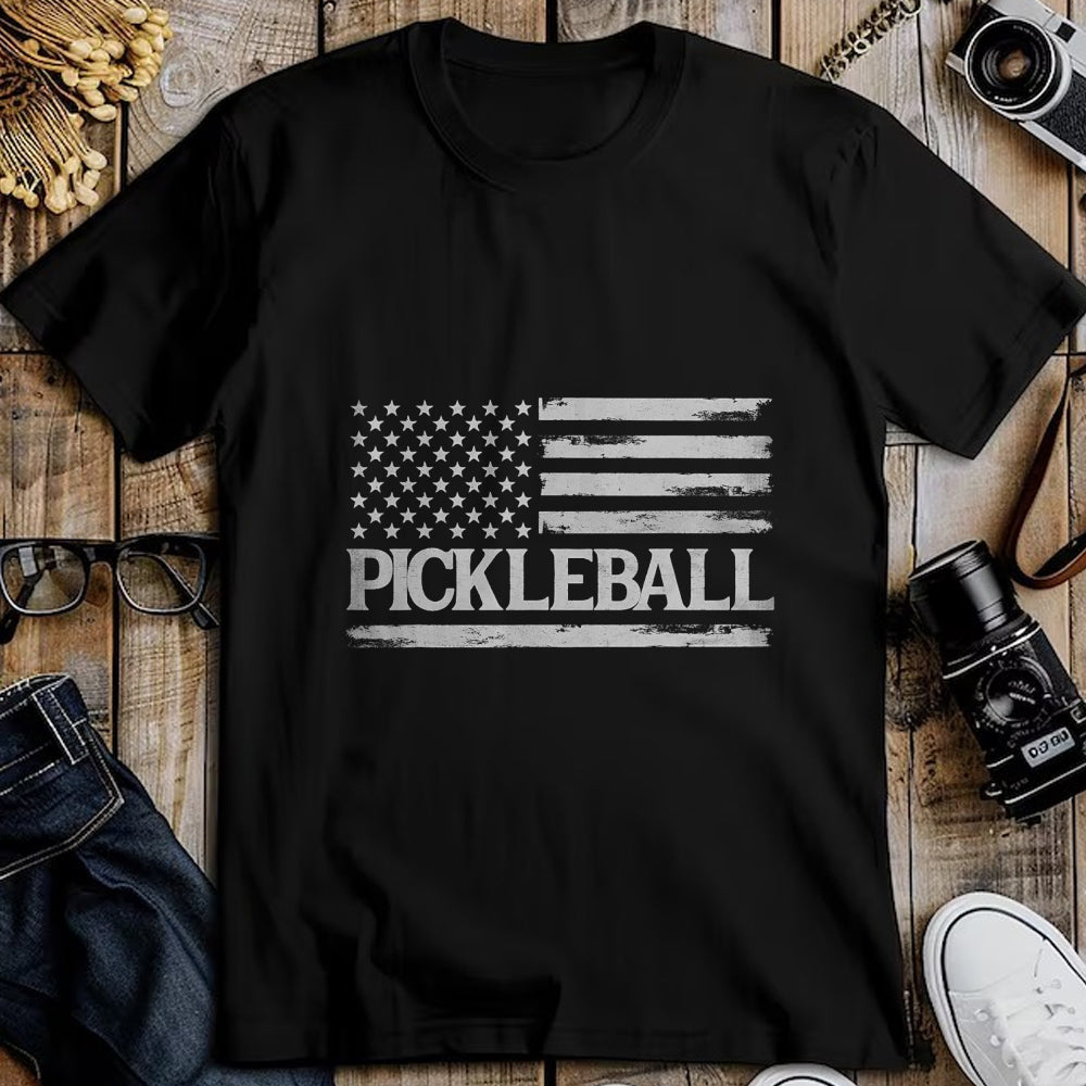 Funny Pickleball Shirt, Pickleball Lover Unisex T-Shirt/Hoodie/Sweatshirt HLT00 - Pickleball Grey Vintage USA Flag Player Coach T-Shirt
