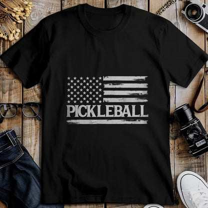 Funny Pickleball Shirt, Pickleball Lover Unisex T-Shirt/Hoodie/Sweatshirt HLT00 - Pickleball Grey Vintage USA Flag Player Coach T-Shirt