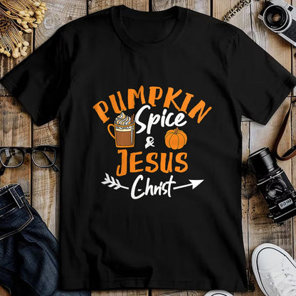 Christian Tee, Christian Faith Unisex T-Shirt/Hoodie/Sweatshirt HLT00 - Halloween Christian Pumpkin Spice And Jesus Christ Fall Leaf T-Shirt