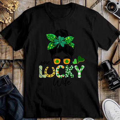 Best Wife Shirt, Wife and Husband Unisex T-Shirt/Hoodie/Sweatshirt HLT00 - Gift for wife T shirt, lucky wife   One Lucky Wife Messy Bun Irish St Patricks Day Shamrock T-Shirt