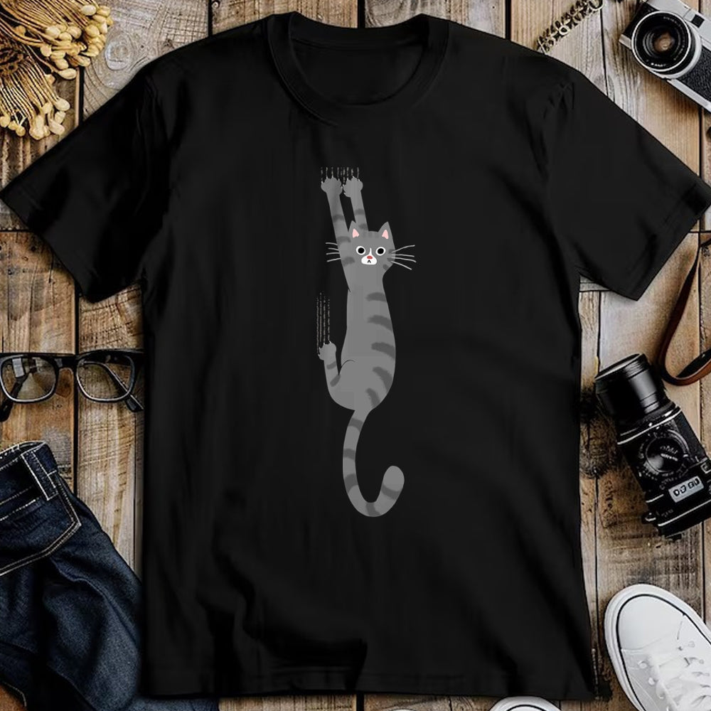 Cat Love Shirt, Funny Cat Lover Gift UnisexT-Shirt/Hoodie/Sweatshirt HLT00 - Grey Tabby Cat Hanging On Funny Gray Striped Cat Holding On T-Shirt