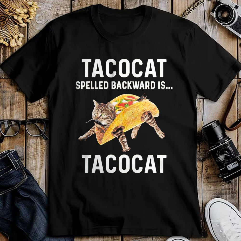 Cat Love Shirt, Funny Cat Lover Gift UnisexT-Shirt/Hoodie/Sweatshirt HLT00 - Tacocat Spelled Backward is Tacocat - Love Cat and Taco T-Shirt, Men, Black, Medium (1)