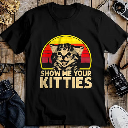 Cat Love Shirt, Funny Cat Lover Gift UnisexT-Shirt/Hoodie/Sweatshirt HLT00 - Show me Your Kitties Cat Lover Retro Vintage Sunset T-Shirt, Men, Black, 3X-Large