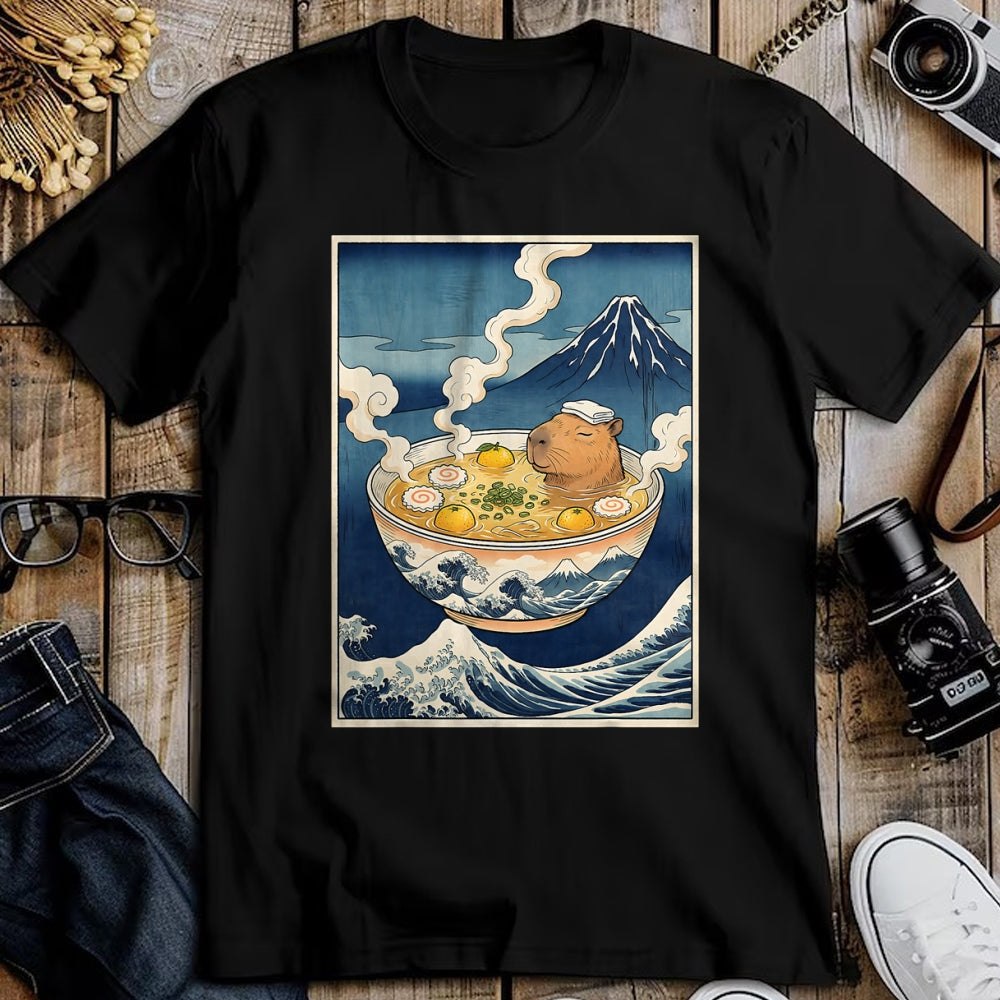 Cute Capybara Shirt, Funny Capybara Unisex T-Shirt/Hoodie/Sweatshirt HLT00 - Cute Capybara Ramen Mt Fuji Ukiyo-e Great Wave Japanese Art T-Shirt