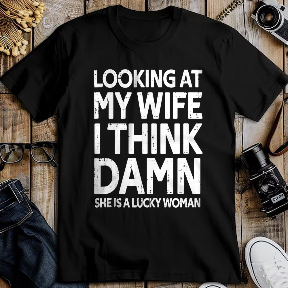 Best Wife Shirt, Wife and Husband Unisex T-Shirt/Hoodie/Sweatshirt HLT00 - Gift for wife T shirt, lucky wife   Funny My Wife Is A Lucky Woman Husband Gift Wife Themed Gift Tan (1)