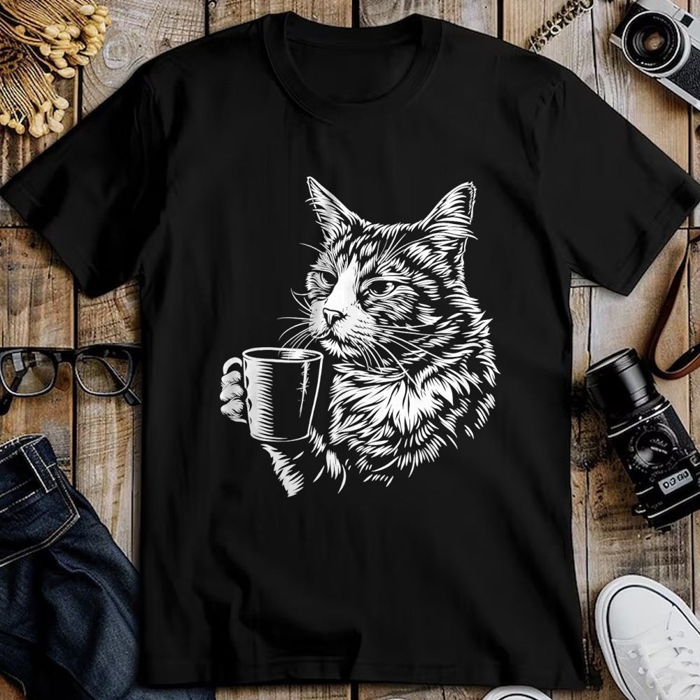 Cat Love Shirt, Funny Cat Lover Gift UnisexT-Shirt/Hoodie/Sweatshirt HLT00 - Cat Drinking Coffee Lover Barista Funny Animal Tired Cat T-Shirt
