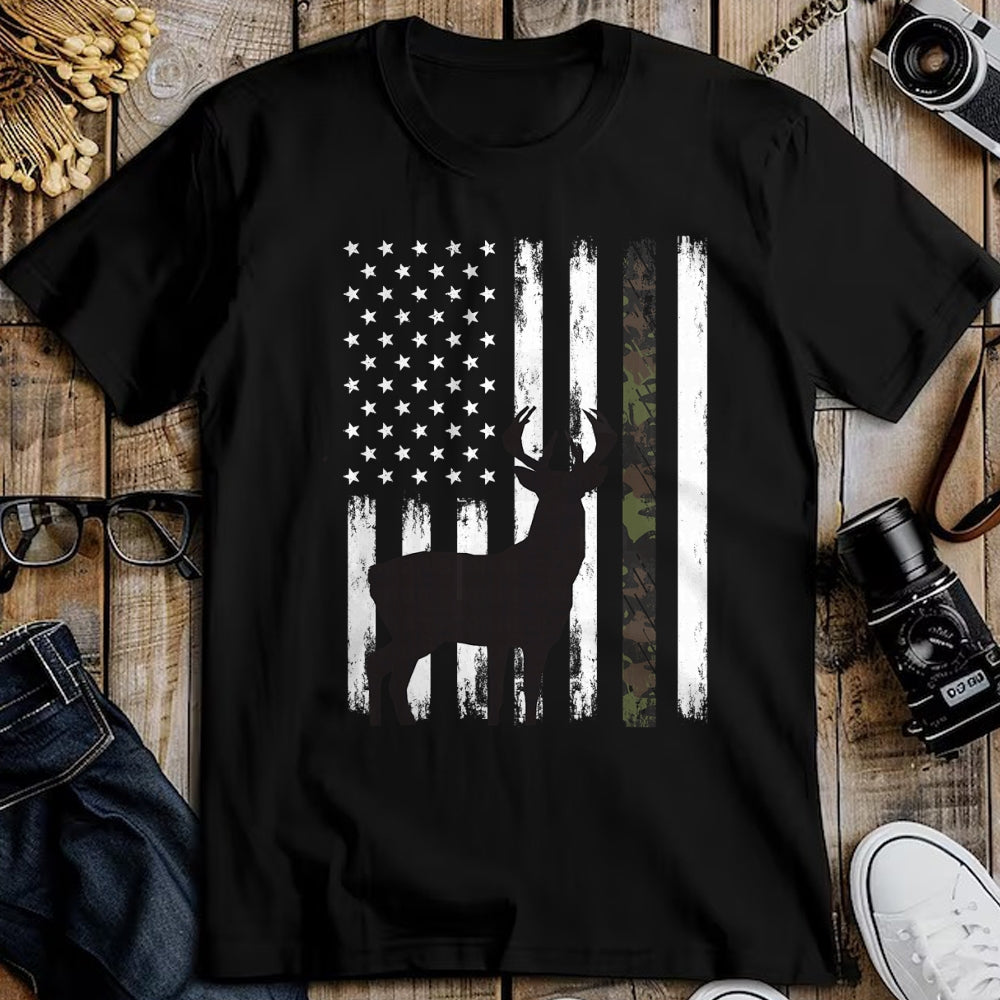 Funny Hunting Shirt, Gift For Hunting Lover Unisex T-Shirt/Hoodie/Sweatshirt HLT00 - Whitetail Deer Hunting Hunter Buck Camo American Flag USA T-Shirt