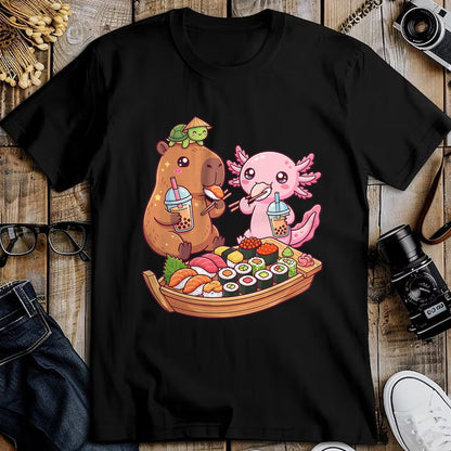 Cute Capybara Shirt, Funny Capybara Unisex T-Shirt/Hoodie/Sweatshirt HLT00 - Cute Capybara Axolotl Sushi Nigiri Bubble Tea Anime Food T-Shirt