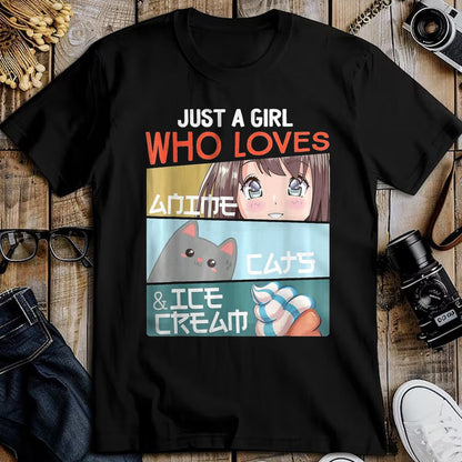 Cat Love Shirt, Funny Cat Lover Gift UnisexT-Shirt/Hoodie/Sweatshirt HLT00 - Just A Girl Who Loves Anime Cats Ice Cream Otaku Manga Lover T-Shirt, Women, Baby Blue, Large