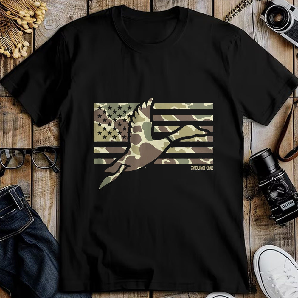 Funny Hunting Shirt, Gift For Hunting Lover Unisex T-Shirt/Hoodie/Sweatshirt HLT00 - Camo Patriotic Mallard Duck Camouflage Flying Duck Hunting T-Shirt