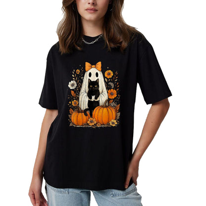 Cat Love Shirt, Funny Cat Lover Gift UnisexT-Shirt/Hoodie/Sweatshirt HLT00 - Vintage Halloween Ghost Holding Black Cat Groovy Floral T-Shirt, Women_s Plus, Black, 2X
