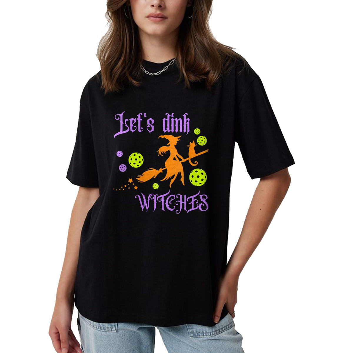 Funny Pickleball Shirt, Pickleball Lover Unisex T-Shirt/Hoodie/Sweatshirt HLT00 - Womens Halloween Pickleball Let's Dink Witches V-Neck T-Shirt
