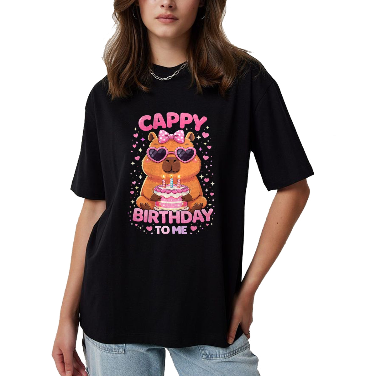 Cute Capybara Shirt, Funny Capybara UnisexT-Shirt/Hoodie/Sweatshirt HLT00 - Cappy Birthday Capybara Birthday to Me Birthday Pink Bow T-Shirt