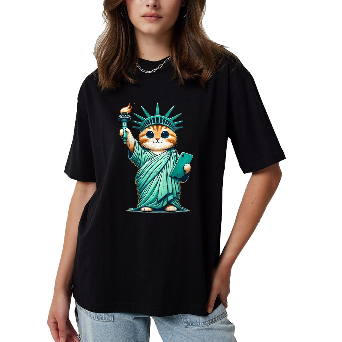 Cat Love Shirt, Funny Cat Lover Gift UnisexT-Shirt/Hoodie/Sweatshirt HLT00 - Cute Kawaii Cat Statue of Liberty I Love New York NYC T-Shirt (1)