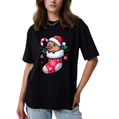 Cute Capybara Shirt, Funny Capybara Unisex T-Shirt/Hoodie/Sweatshirt HLT00 - Cute Capybara Wearing Santa Hat in Christmas Stocking Pajama T-Shirt