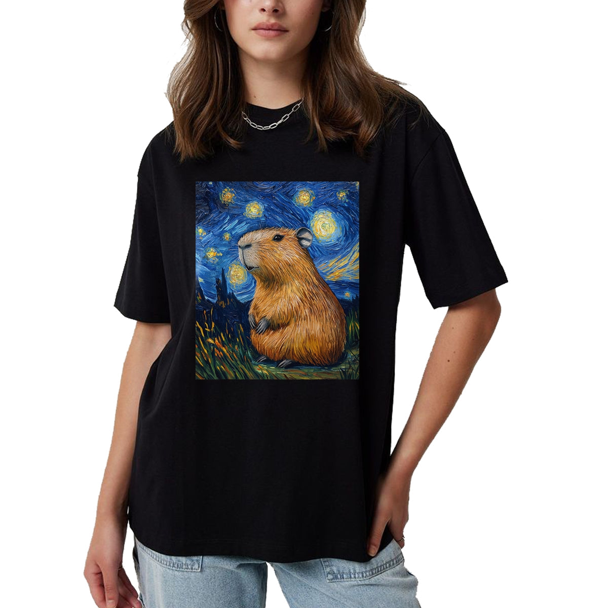 Cute Capybara Shirt, Funny Capybara Unisex T-Shirt/Hoodie/Sweatshirt HLT00 - Capybara Van Gogh Style Starry Night Funny Graphic T-Shirt