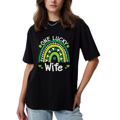 Best Wife Shirt, Wife and Husband Unisex T-Shirt/Hoodie/Sweatshirt HLT00 - Gift for wife T shirt, lucky wife   Womens One Lucky Wife Boho Rainbow St Patricks Day Shamrock V-Ne