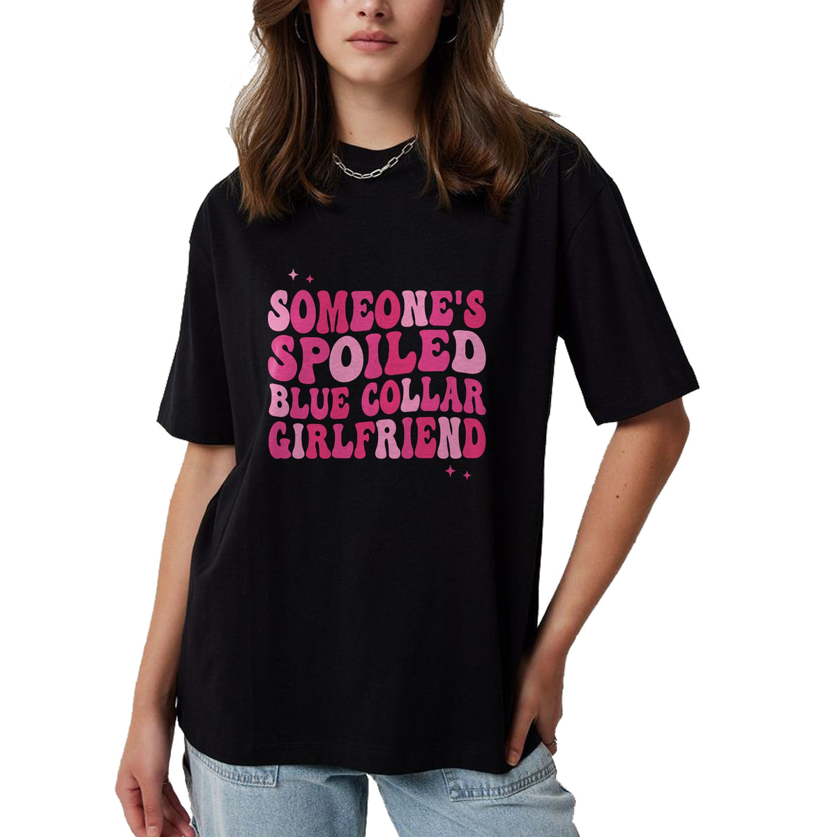 Best Wife Shirt, Wife and Husband Unisex T-Shirt/Hoodie/Sweatshirt HLT00 - Someone's Spoiled Blue Collar Girlfriend Groovy On Back Long Sleeve T-Shirt