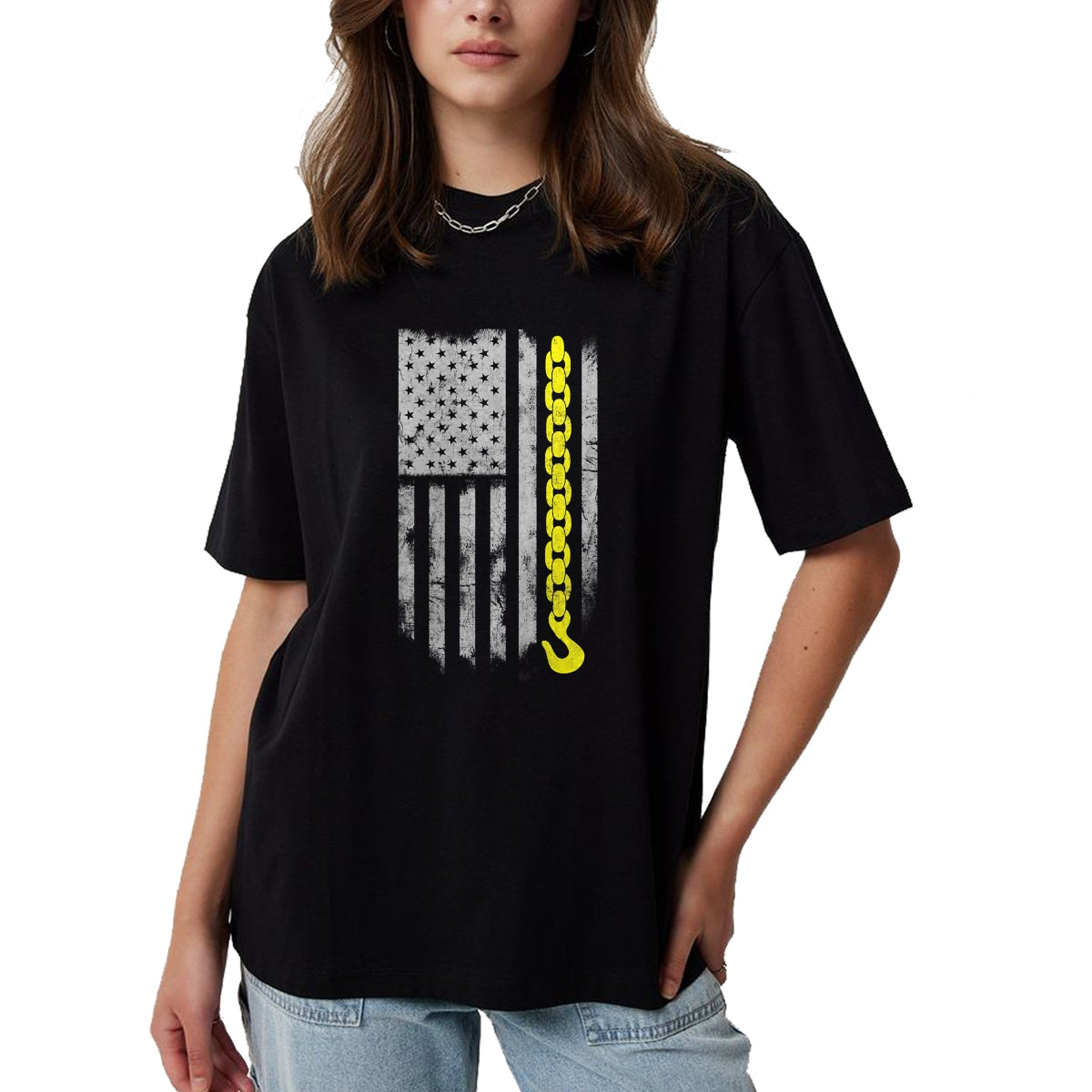 Best Truck Driver Life Shirt, Funny Trucker UnisexT-Shirt/Hoodie/Sweatshirt HLT00 - Yellow Tow Hook Chain Flag America Tow Truck Driver T-Shirt