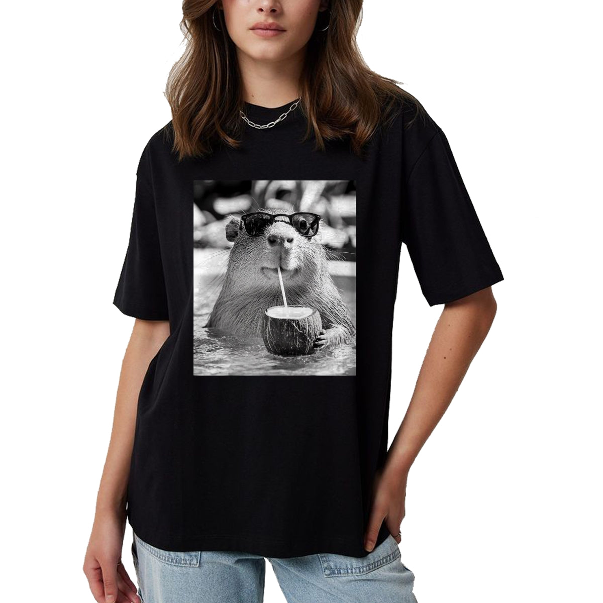 Cute Capybara Shirt, Funny Capybara Unisex T-Shirt/Hoodie/Sweatshirt HLT00 - Capybara Selfie with Sunglasses and Coconut Drink T-Shirt