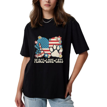 Cat Love Shirt, Funny Cat Lover Gift UnisexT-Shirt/Hoodie/Sweatshirt HLT00 - Peace Love Cats American Flag Patriotic Cat Lover Retro Cat T-Shirt