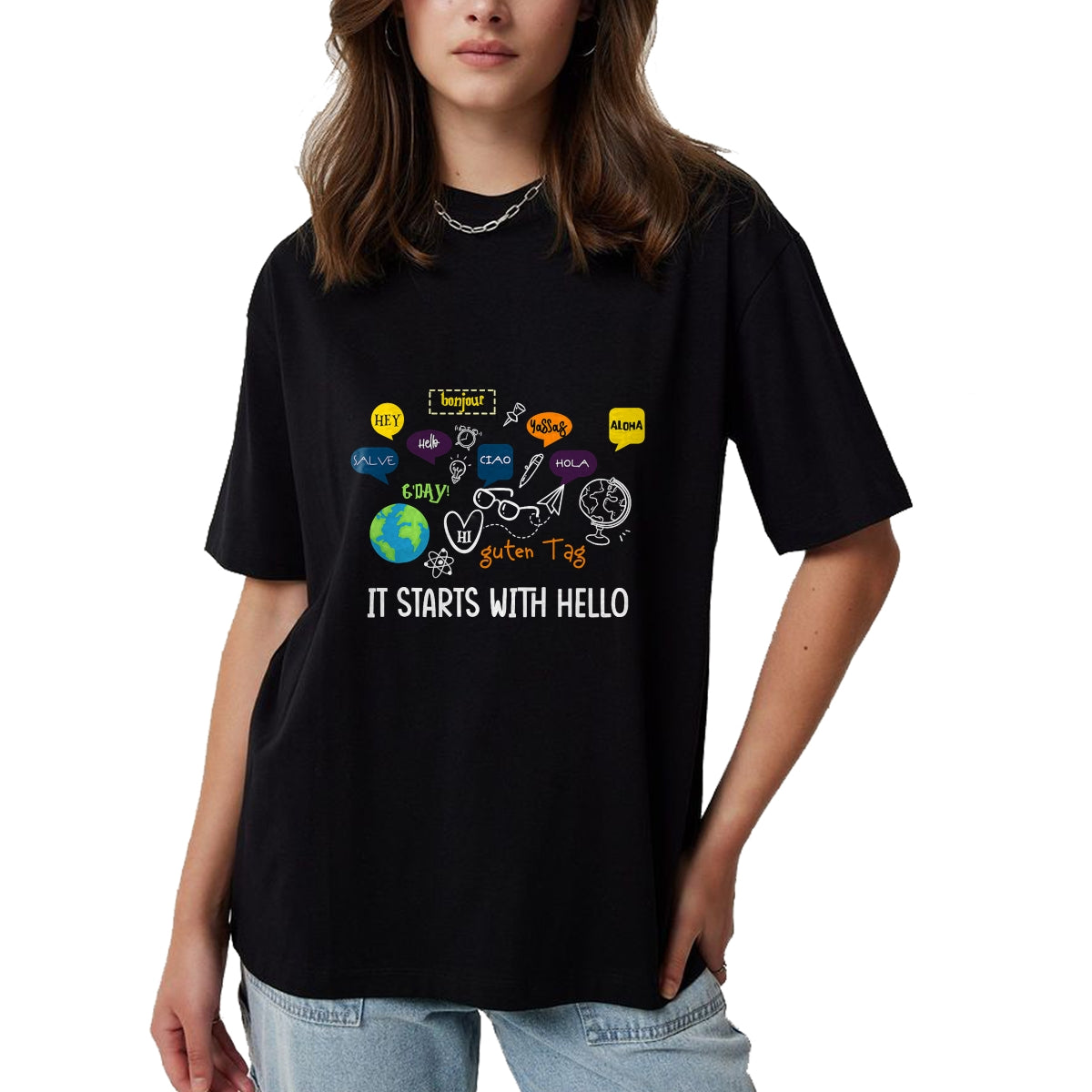 Best Teacher Shirt, Funny Teacher UnisexT-Shirt/Hoodie/Sweatshirt HLT00 - It Starts with Hello Friendship Inclusion Language Teacher T-Shirt (1)