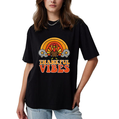 Best Thanksgiving Family Shirt , Funny Thanksgiving UnisexT-Shirt/Hoodie/Sweatshirt HLT00 - Thankful Vibes Turkey Rainbow Funny Retro Thanksgiving Women T-Shirt