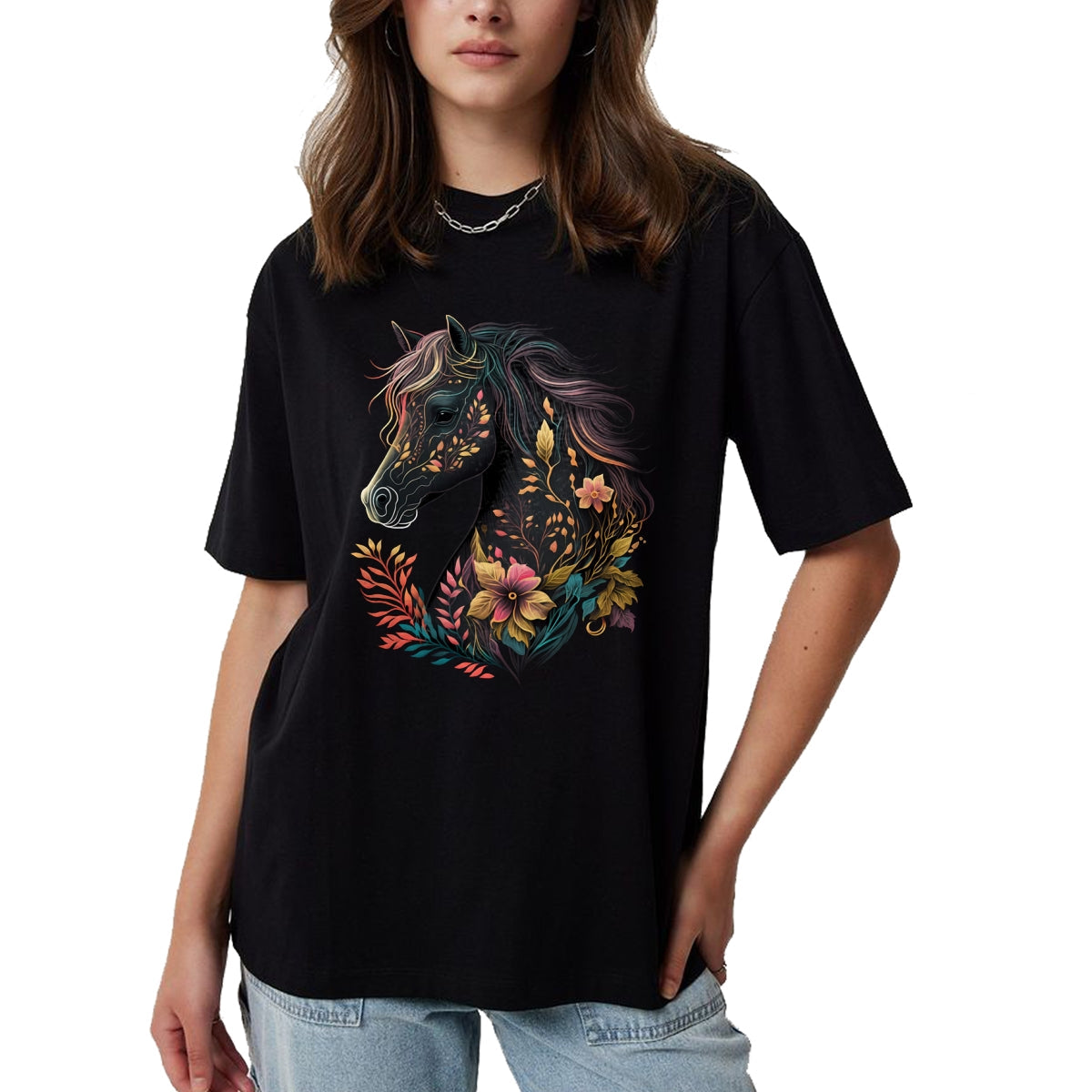 Best Horse Lover Shirt , Funny Horse UnisexT-Shirt/Hoodie/Sweatshirt HLT00 - Beautiful Horse with Flowers and Plants Equestrian Art Black Long Sleeve T-Shirt
