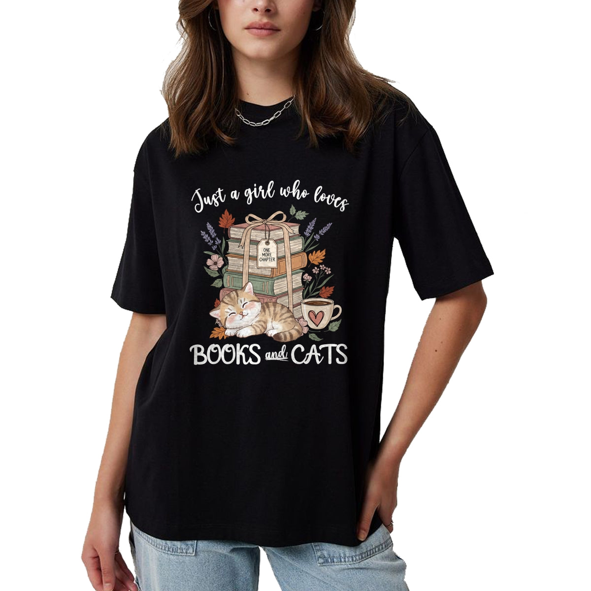 Cat Love Shirt, Funny Cat Lover Gift UnisexT-Shirt/Hoodie/Sweatshirt HLT00 - Pretty Just a Girl Who Loves Books and Cats Cat Lover Long Sleeve T-Shirt (1)