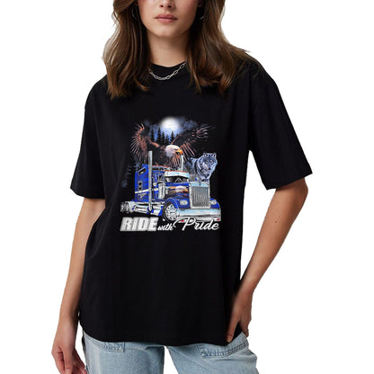 Best Truck Driver Life Shirt, Funny Trucker UnisexT-Shirt/Hoodie/Sweatshirt HLT00 - Ride with Pride Trucker Eagle Wolf T-Shirt