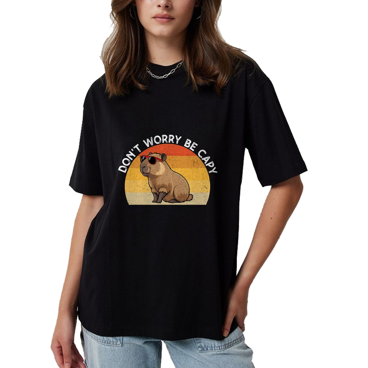 Cute Capybara Shirt, Funny Capybara Unisex T-Shirt/Hoodie/Sweatshirt HLT00 - Don_t Worry Be Capy Retro Capybara T-Shirt