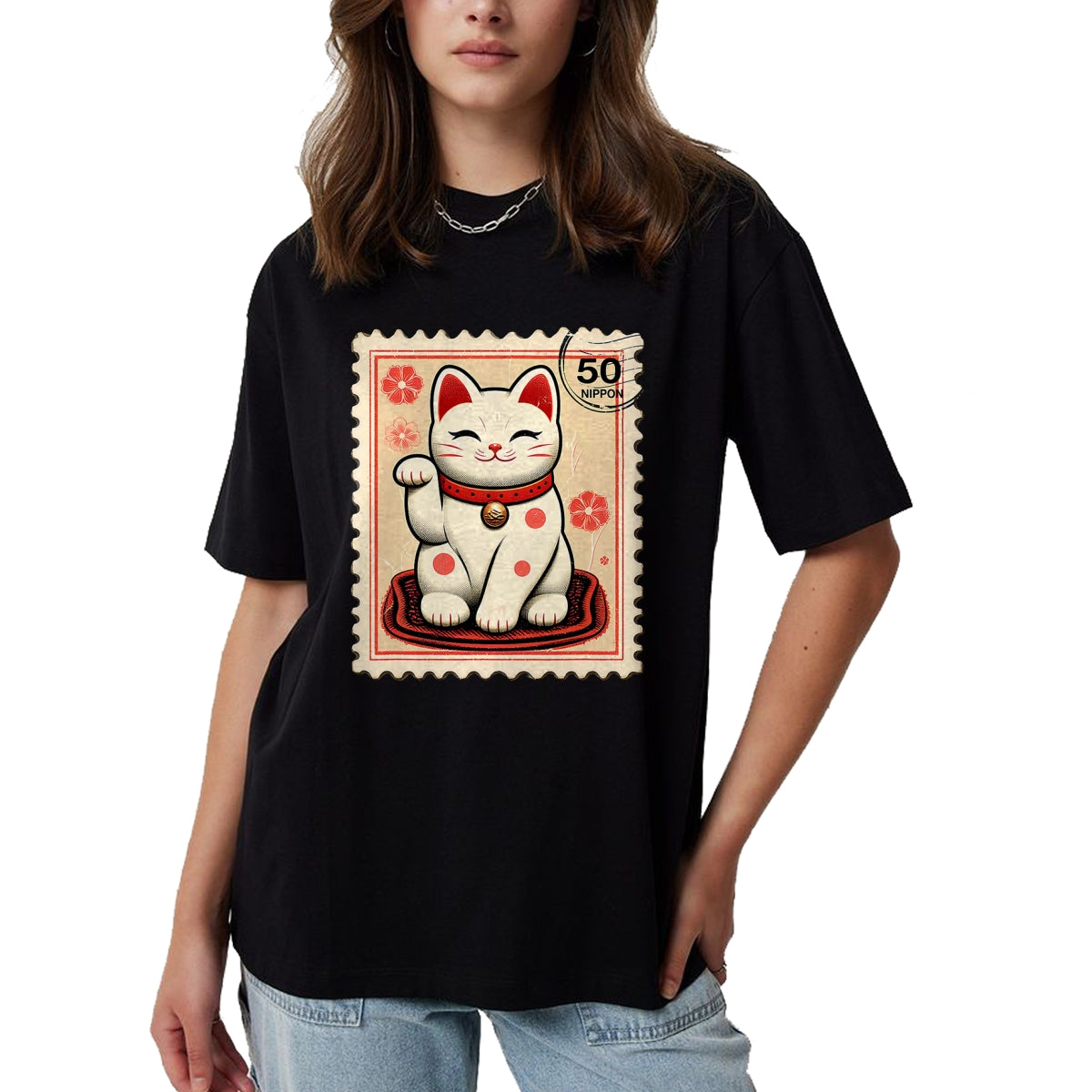 Cat Love Shirt, Funny Cat Lover Gift UnisexT-Shirt/Hoodie/Sweatshirt HLT00 - Maneki Neko Japanese Kawaii Lucky Cat Stamp Retro Aesthetic T-Shirt