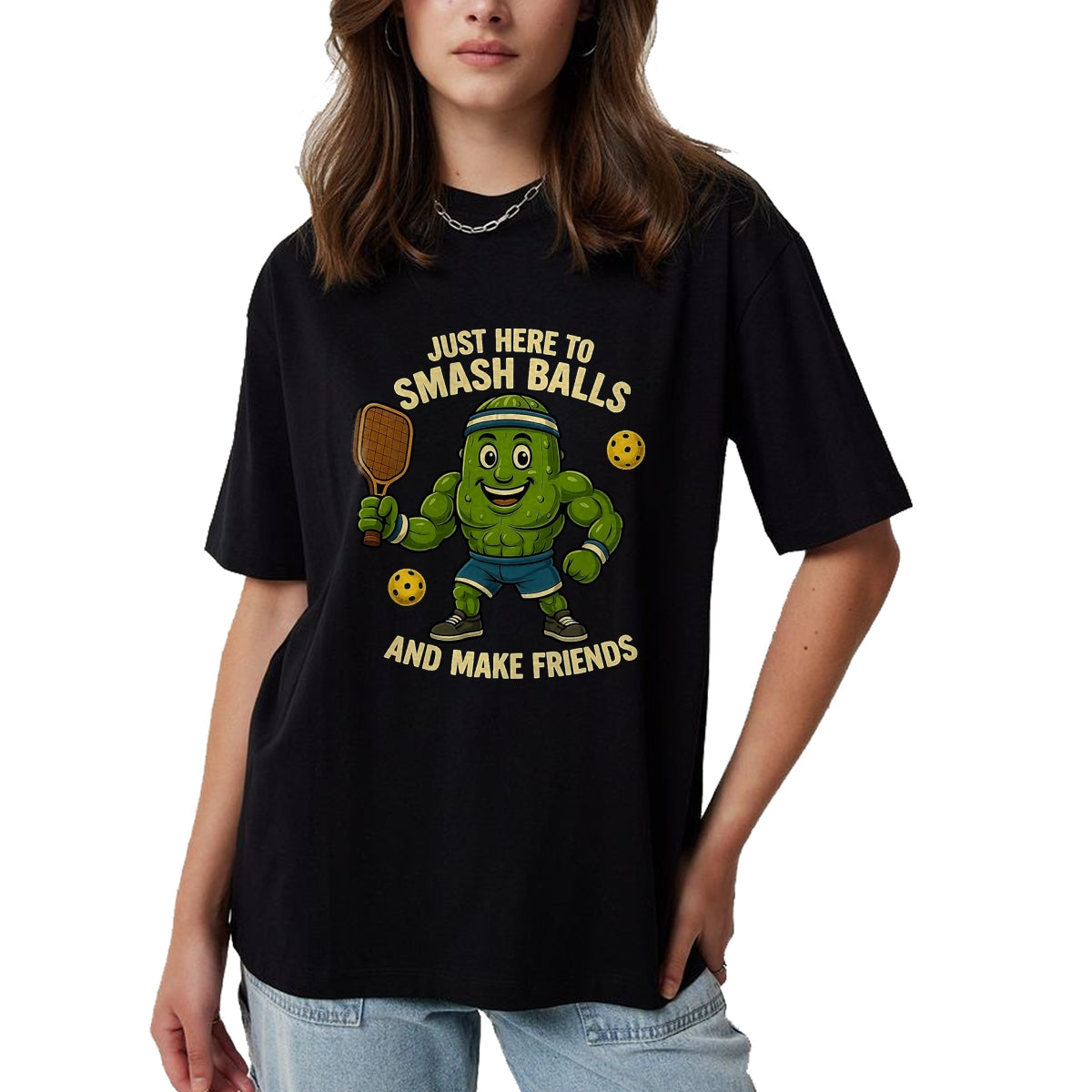 Funny Pickleball Shirt, Pickleball Lover Unisex T-Shirt/Hoodie/Sweatshirt HLT00 - Just Here to Smash Balls and Make Friends Funny Pickleball T-Shirt, Men, Black, 3X-Large