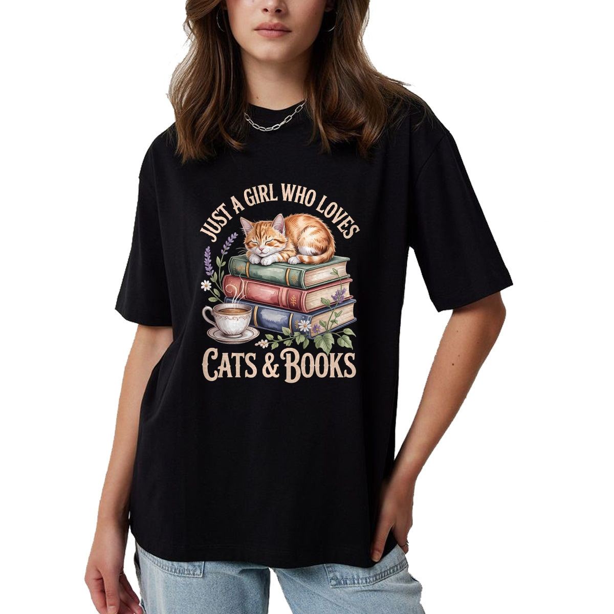Cat Love Shirt, Funny Cat Lover Gift UnisexT-Shirt/Hoodie/Sweatshirt HLT00 - Just A Girl Who Loves Cats and Books Reading Librarian T-Shirt (1)