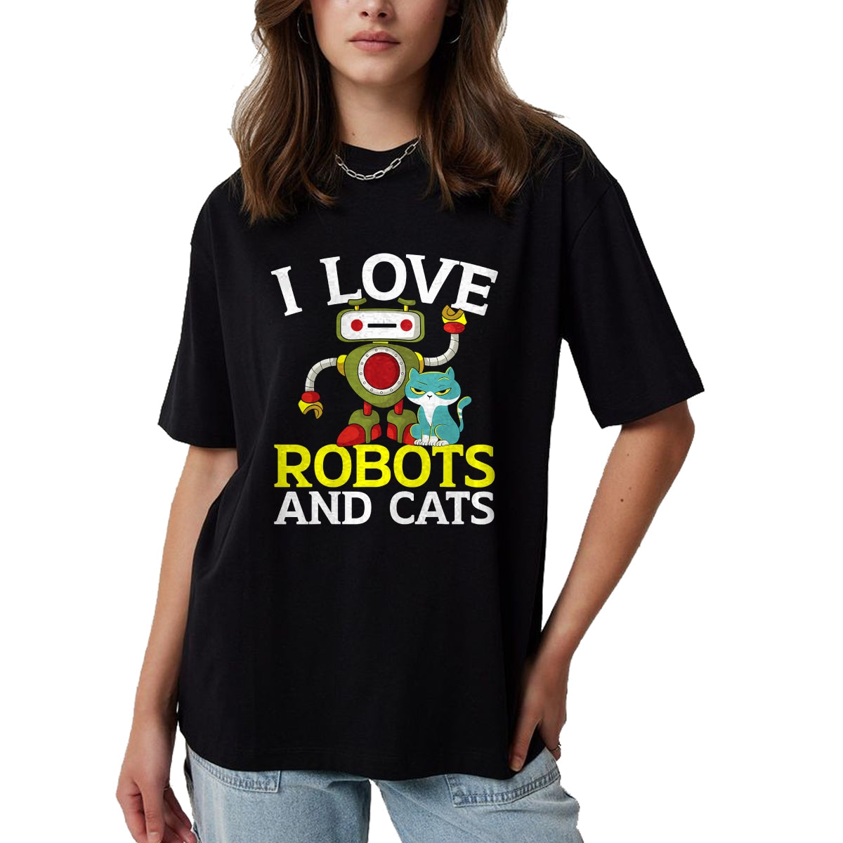 Cat Love Shirt, Funny Cat Lover Gift UnisexT-Shirt/Hoodie/Sweatshirt HLT00 - I Love Robots and Cats Lover Robotics Engineer Engineering T-Shirt