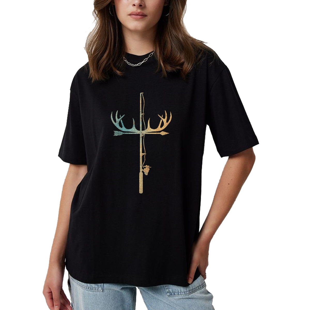 Funny Hunting Shirt, Gift For Hunting Lover Unisex T-Shirt/Hoodie/Sweatshirt HLT00 - Antler Fishing Rod Cross God Family Hunting Fishing T-Shirt