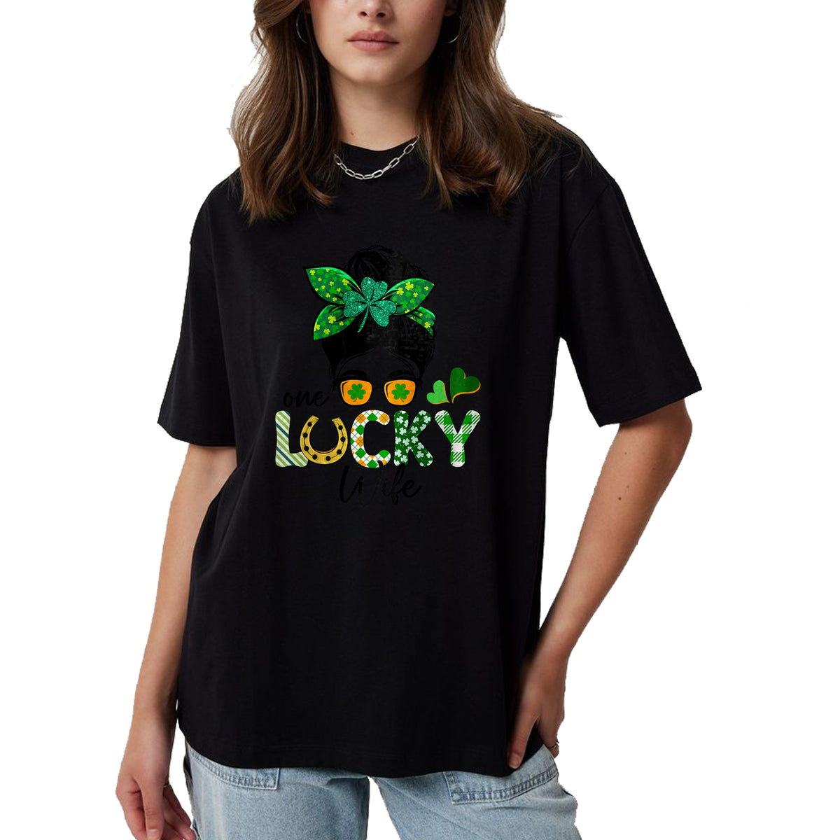 Best Wife Shirt, Wife and Husband Unisex T-Shirt/Hoodie/Sweatshirt HLT00 - Gift for wife T shirt, lucky wife   Womens One Lucky Wife Messy Bun Irish St Patricks Day Shamrock R