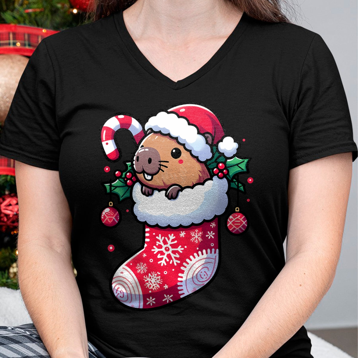 Cute Capybara Shirt, Funny Capybara Unisex T-Shirt/Hoodie/Sweatshirt HLT00 - Cute Capybara Wearing Santa Hat in Christmas Stocking Pajama T-Shirt