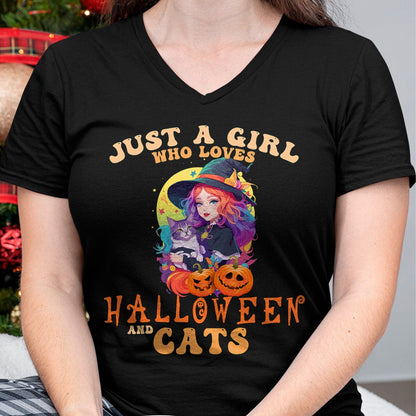 Cat Love Shirt, Funny Cat Lover Gift UnisexT-Shirt/Hoodie/Sweatshirt HLT00 - Just A Girl Who Loves Halloween and Cats Spooky Fall Pumpkin T-Shirt