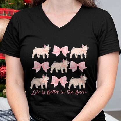 Best Farmer Life Shirt, Funny Farmer UnisexT-Shirt/Hoodie/Sweatshirt HLT00 - Coquette Bow Show Pig Livestock Pig Breeder Stock Show Mom T-Shirt