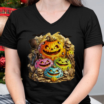 Funny Pickleball Shirt, Pickleball Lover Unisex T-Shirt/Hoodie/Sweatshirt HLT00 - Halloween Pickleball Pumpkins and Skeletons T-Shirt